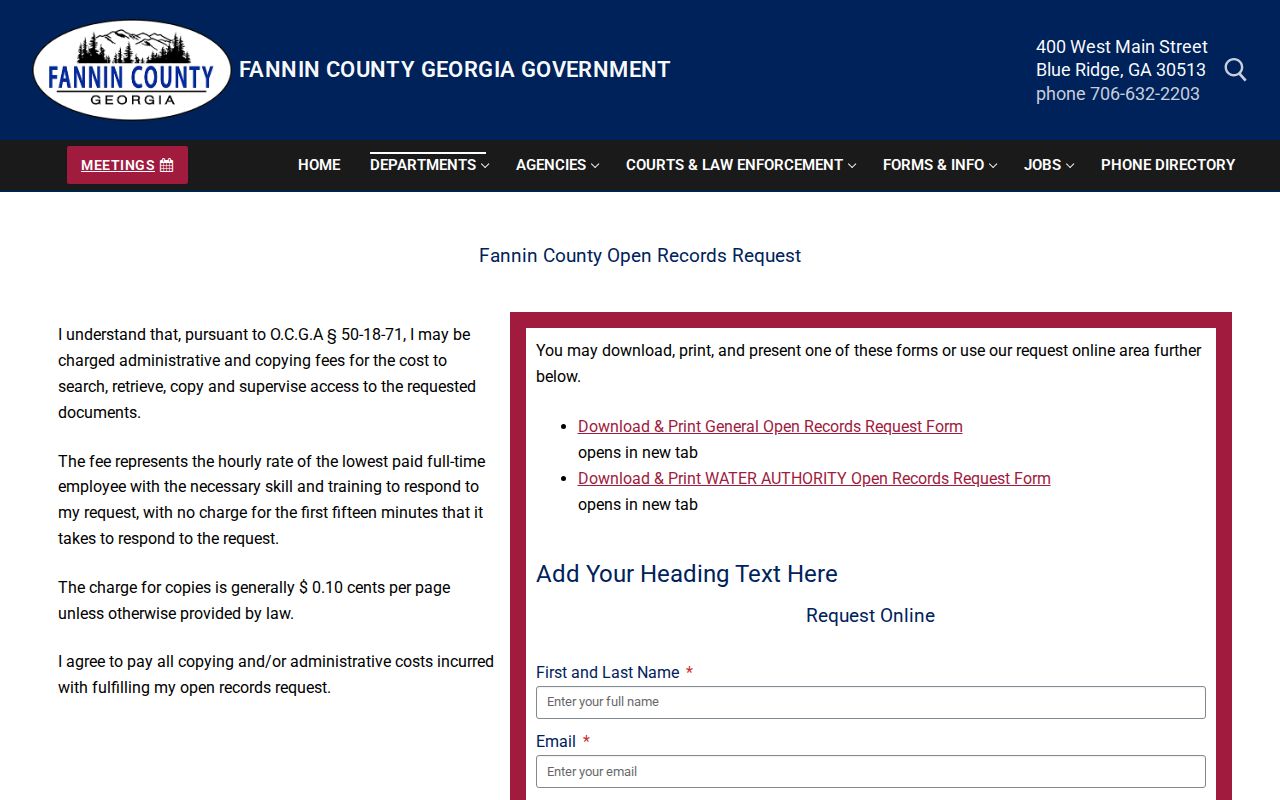 Fannin County arrest record request page and official open records channel