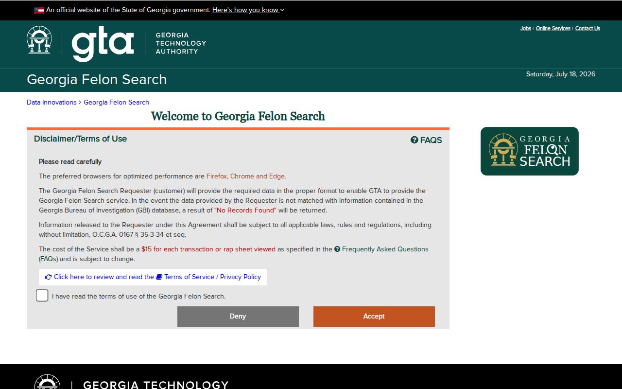 Fannin County criminal history Georgia Felon Search interface